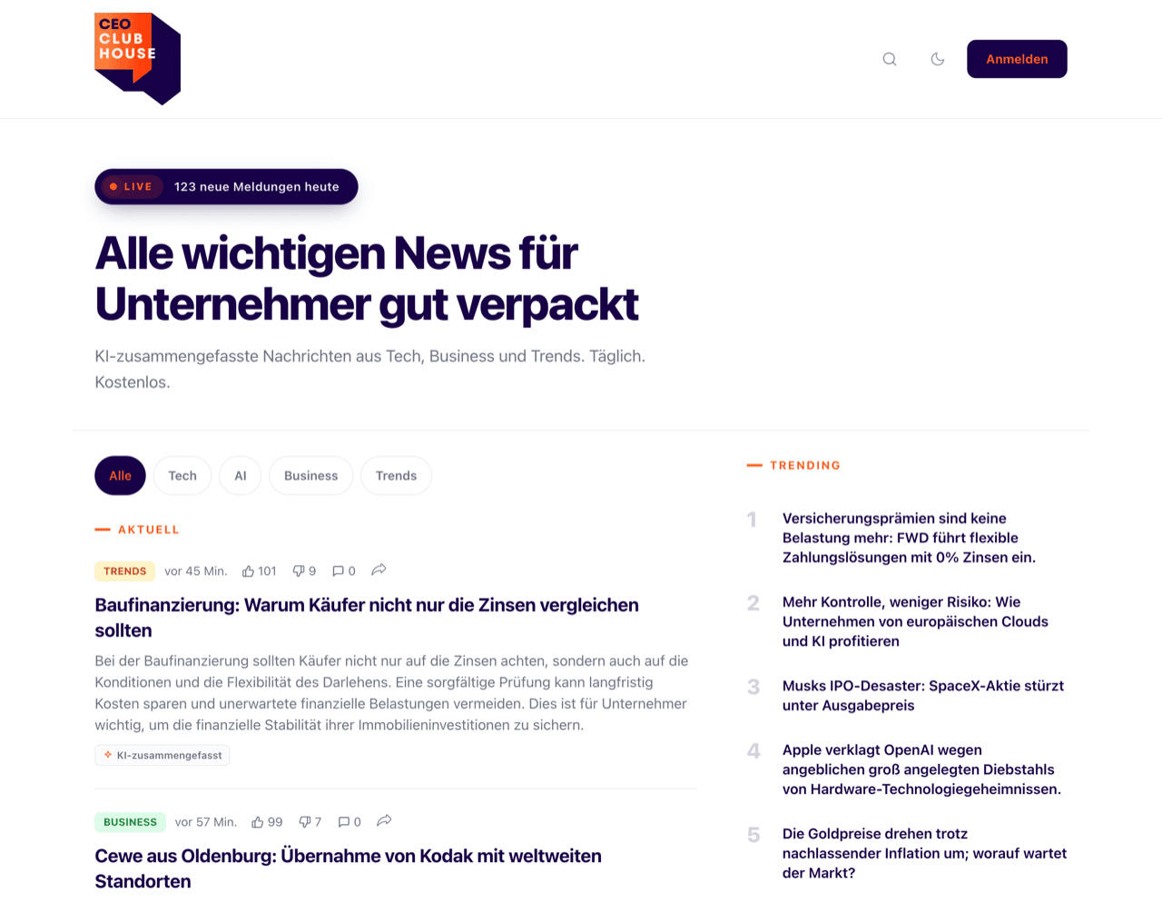 CEO Clubhouse: Startseite mit KI-zusammengefassten Nachrichten