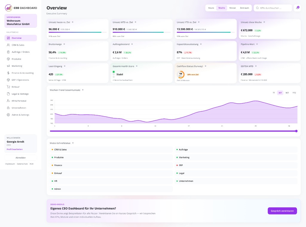 Unternehmensdashboard Screenshot: Kennzahlen für Umsatz, Kunden, Marketing und Auslastung